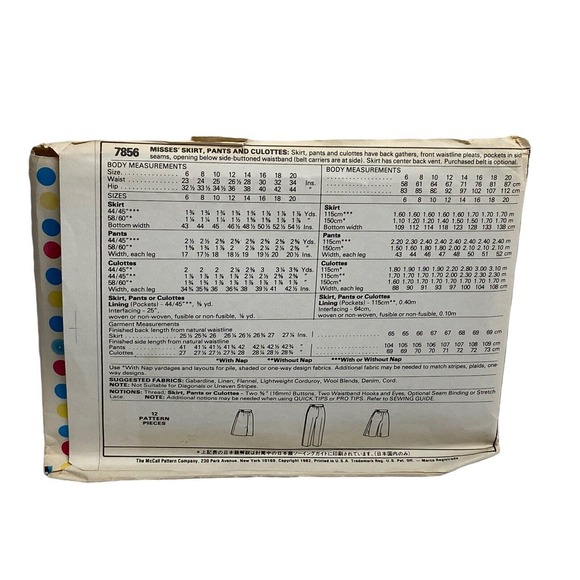 Mccalls 7856 Skirt Pants Culottes Vintage 1982 Sewing Pattern Size 16 - Picture 2 of 5